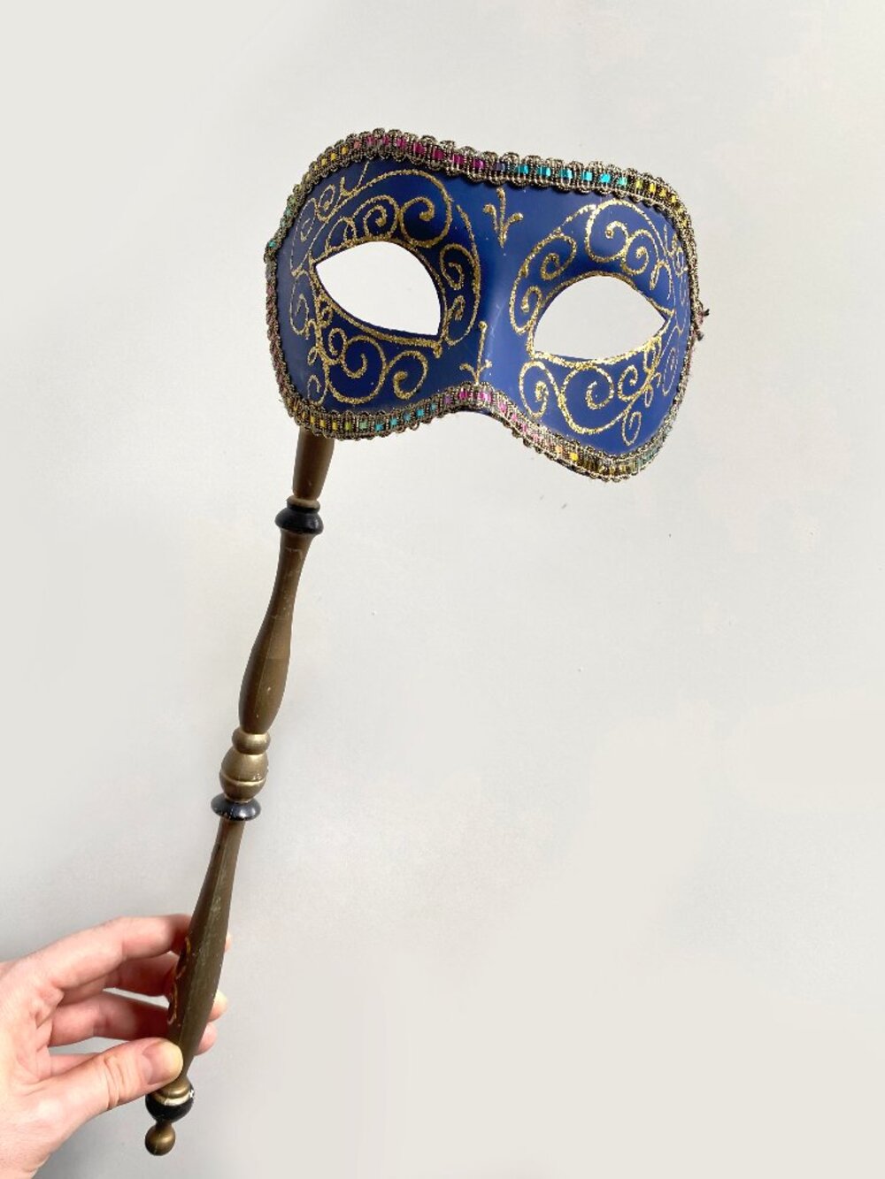 Glittering Blue & Gold Venetian Masquerade Party Mask with Stick Italy Original